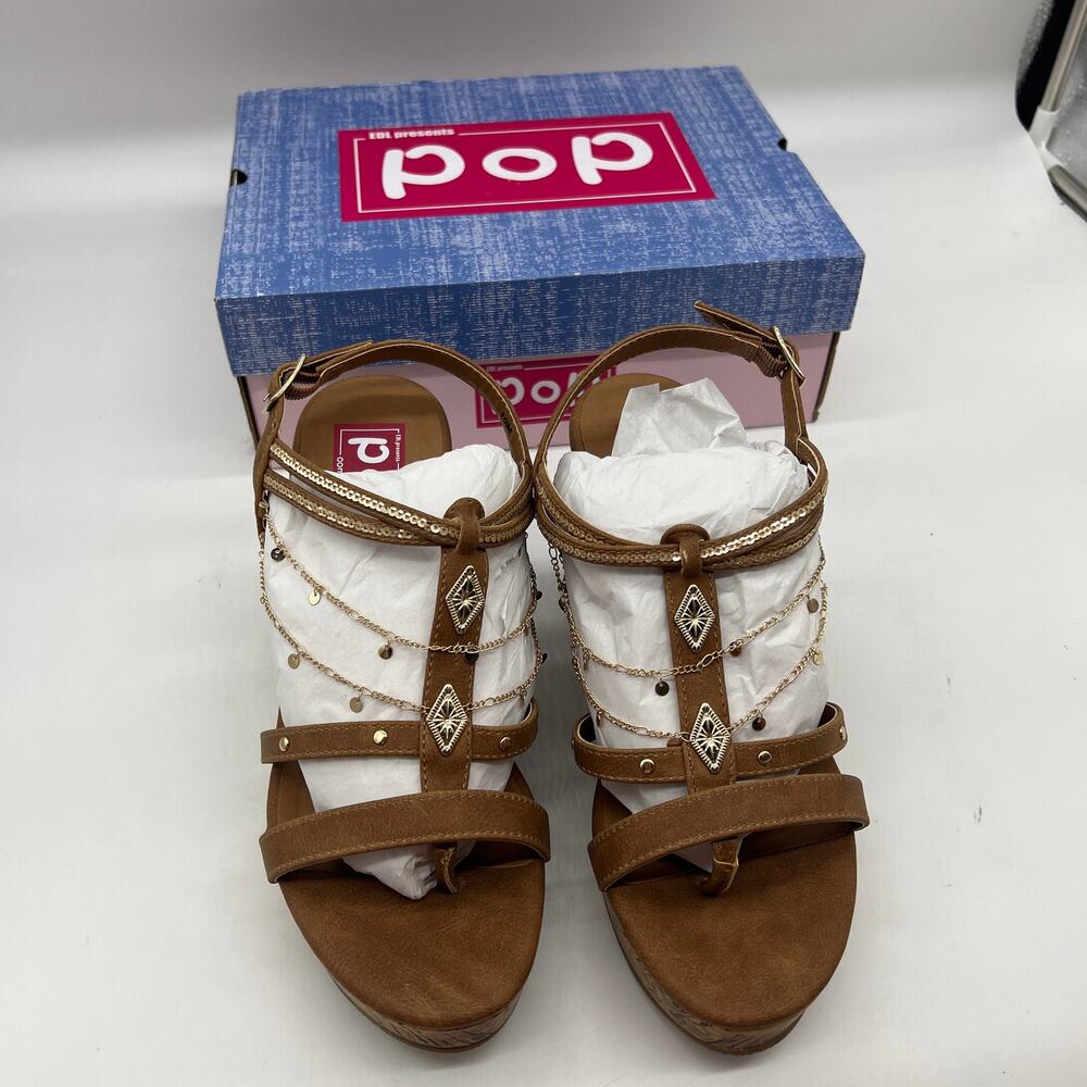 Pop Womens Electricity Wedge Sandals Brown Cognac Size 10M - Picture 2 of 11